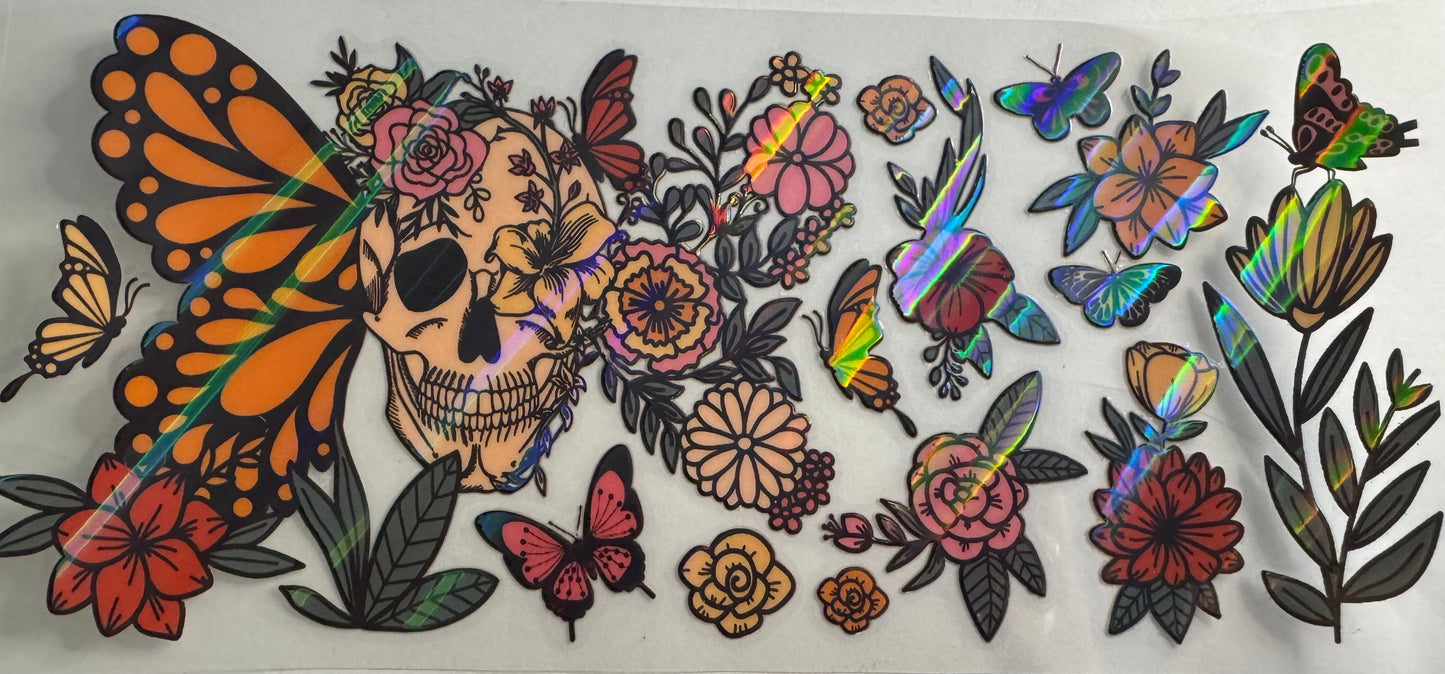 Skull flowers butterflies holographic